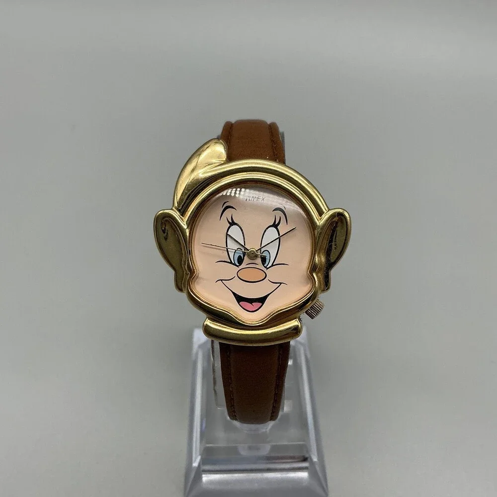 Timex Disney Dopey Womens Watch 35mm Gold Tone Brown Leather Band New Battery